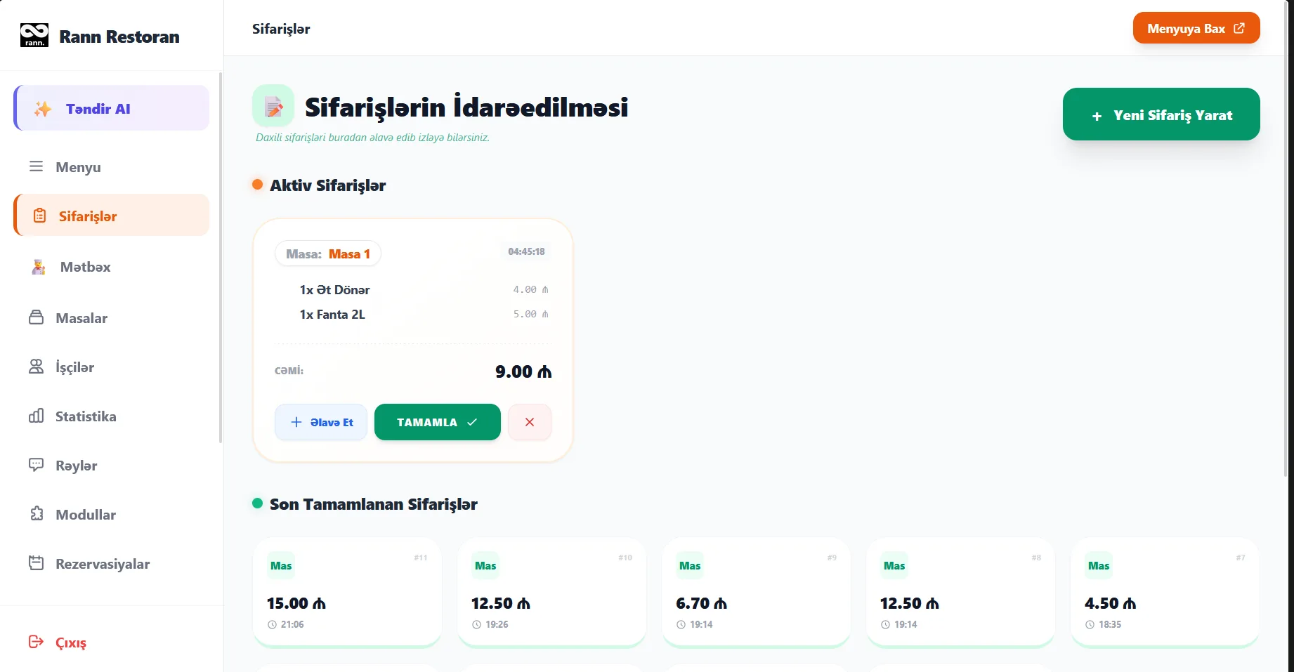 Təndir POS Sifariş Paneli